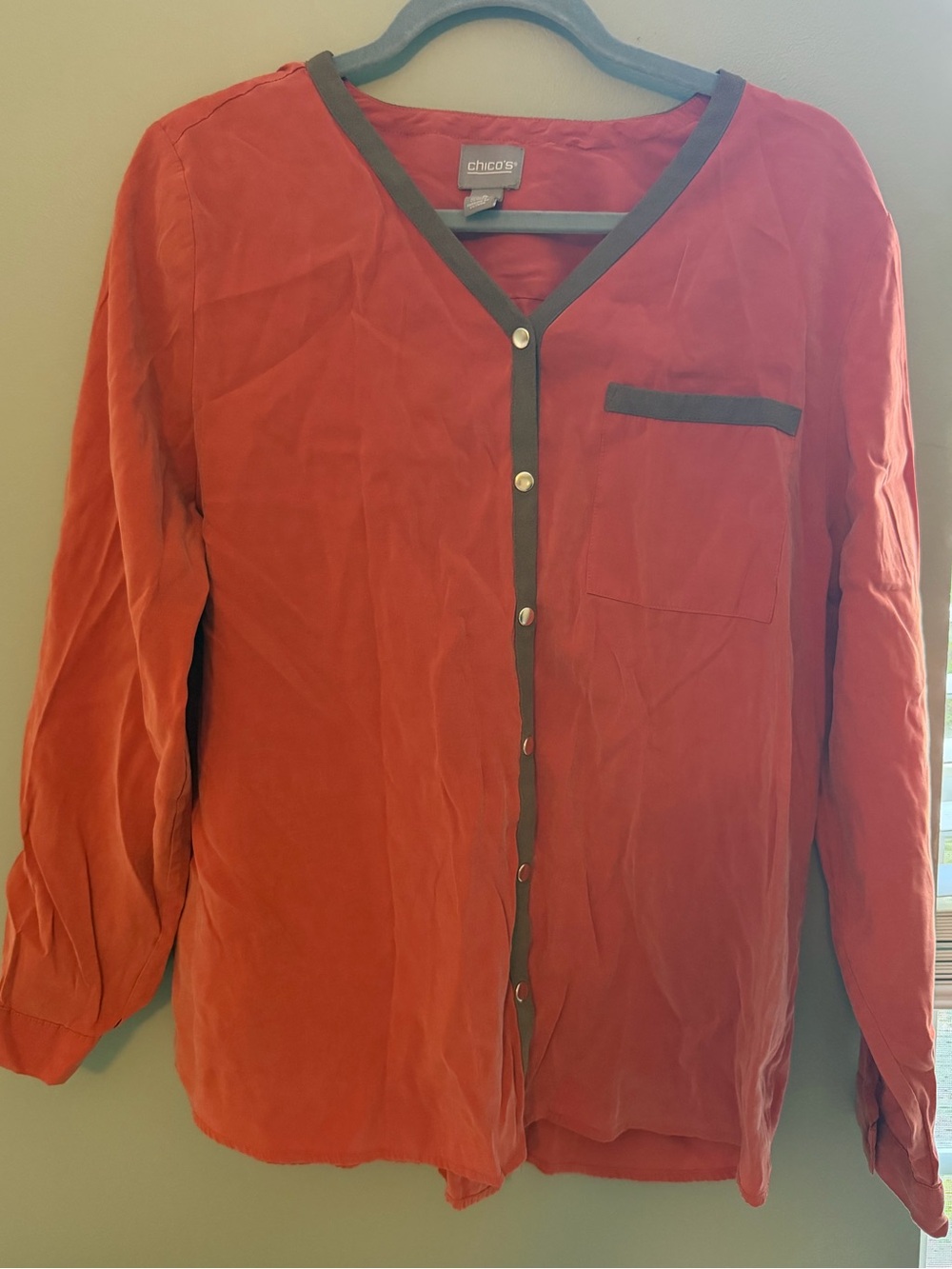 Chico's Orange Button-Front Shirt with Brown Trim